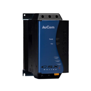 Kompakter AuCom-CSXi-Softstarter in blau-schwarzem Gehäuse, 98×200×166 mm, 2,4 kg, für Motoren bis 30 kW