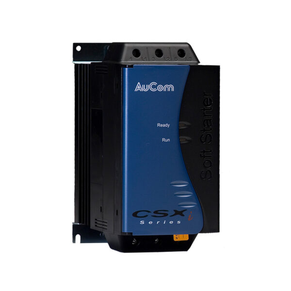 Kompakter AuCom-CSXi-Softstarter in blau-schwarzem Gehäuse, 98×200×166 mm, 2,4 kg, für Motoren bis 30 kW