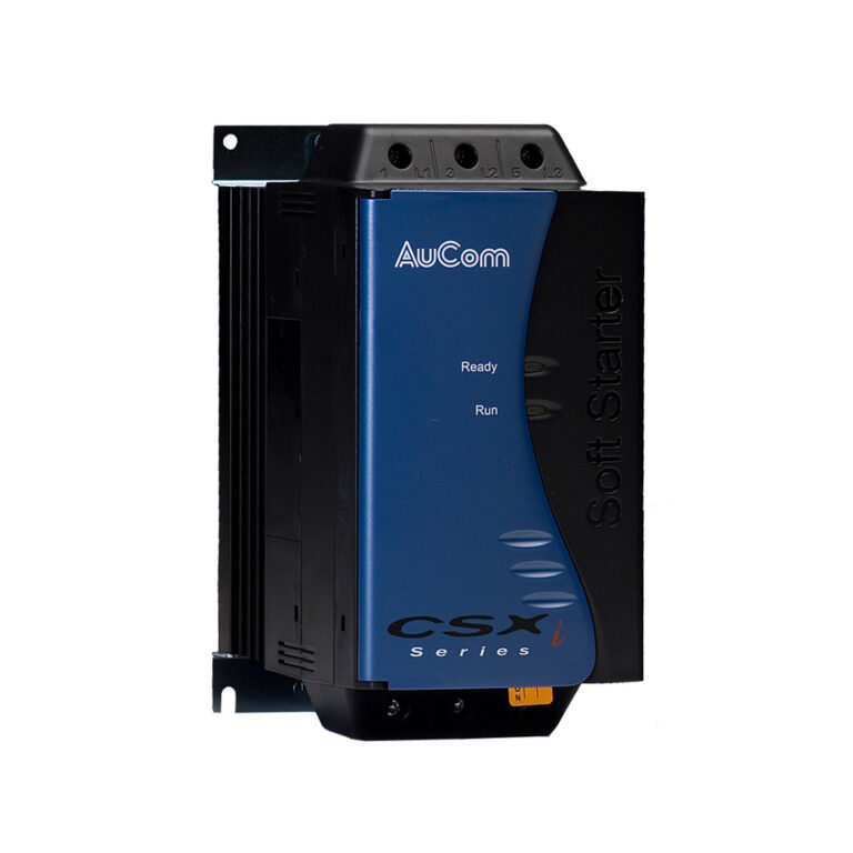 Kompakter AuCom-CSXi-Softstarter in blau-schwarzem Gehäuse, 98×200×166 mm, 2,4 kg, für Motoren bis 30 kW