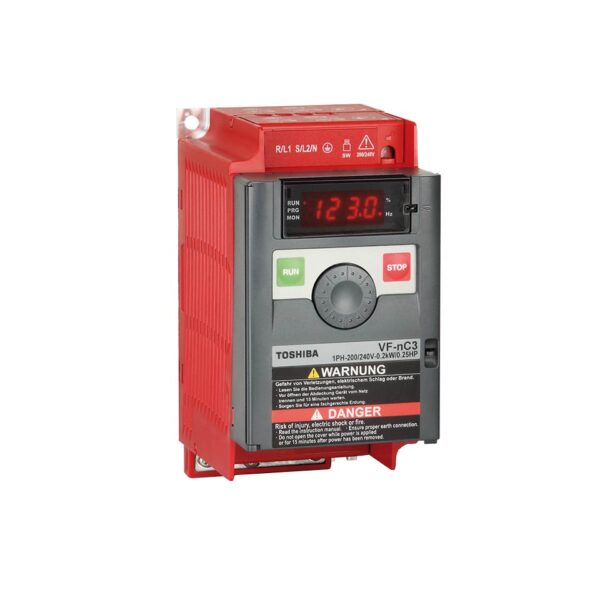 Roter Toshiba VFnC3S-2002PL Frequenzumrichter mit digitaler Anzeige und Bedientasten