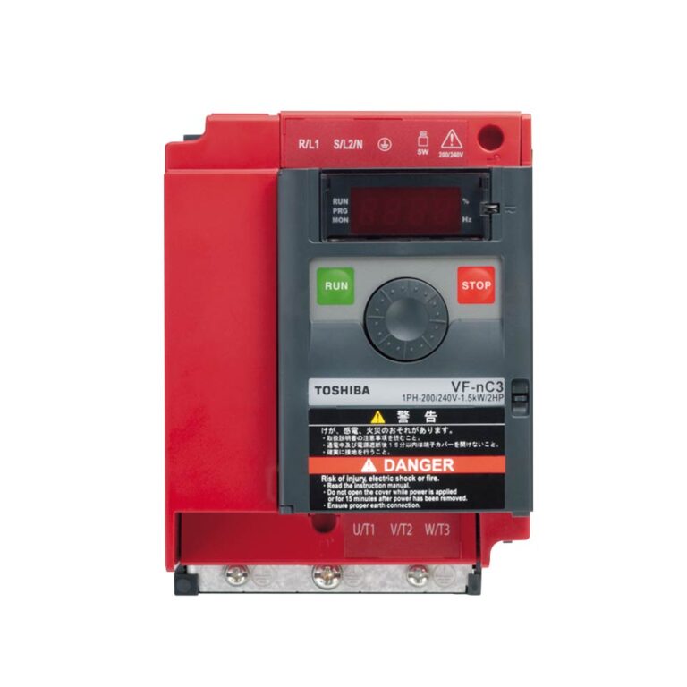 Toshiba VFnC3S-2015PL Frequenzumrichter (1,5 kW) mit rotem Gehäuse und digitaler Anzeige