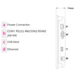 Anschlussbereich des Weintek MT8072iP mit Power Connector, RS-232, RS-485, USB-Host und Ethernet-Port