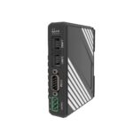 Weintek cMT-G01-Gateway im Kunststoffgehäuse, oben vier Status-LEDs, darunter LAN2- und LAN1-Anschlüsse, gefolgt vom COM-Port sowie dem 24 VDC-Anschluss am unteren Ende.