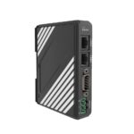 Weintek cMT-G01-Gateway aus anderem Blickwinkel, mit zwei LAN-Ports, COM-Anschluss und 24-VDC-Eingang im schlanken Kunststoffgehäuse.