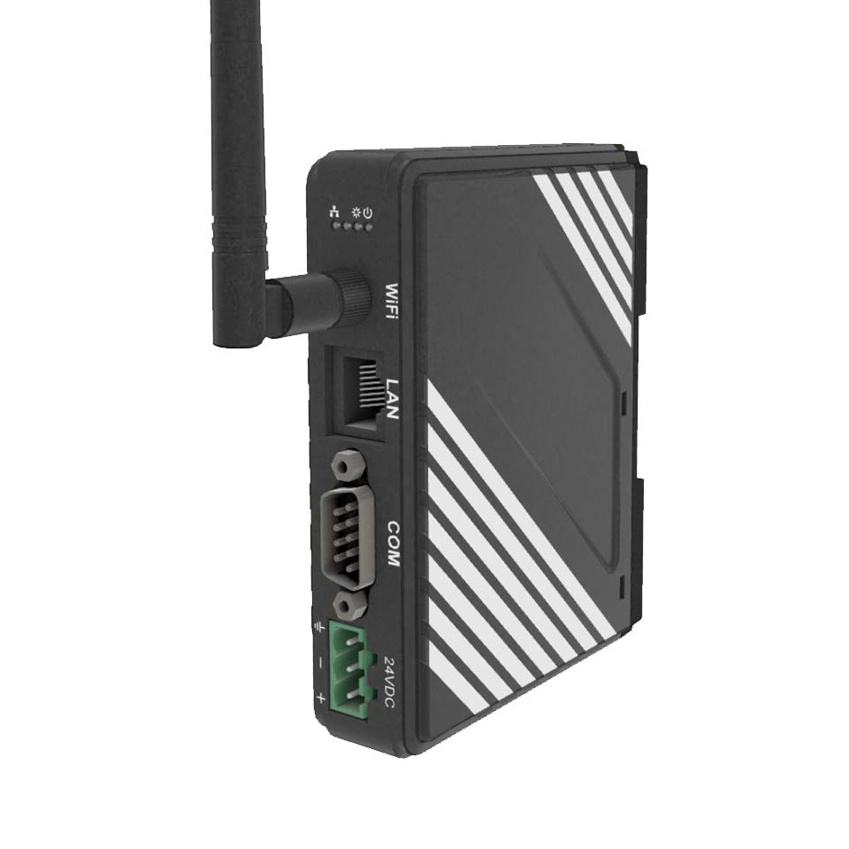 Weintek cMT‑G02 – Aufbau und Anschlüsse in der Seitenansicht Kompaktes cMT‑G02‑Gateway, oben vier Status‑LEDs, darunter eine WiFi‑Antenne, gefolgt von LAN‑Port, COM‑Schnittstelle und dem 24 VDC‑Anschluss ganz unten.