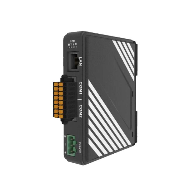 Weintek cMT‑G03‑Gateway in einem schwarzen Kunststoffgehäuse mit diagonalen Streifen, abnehmbarem COM‑Anschlussblock, LAN‑Port und 24 VDC‑Einspeisung