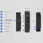 Das Foto zeigt ein cMT-SVRX-820 mit USB-Port, LAN1, LAN2, COM, microSD-Slot, DIP-Schalter und Netzteilanschluss.