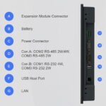 Seitliche Anschlüsse des Weintek cMT1106X mit RS-485, RS-232, USB-Host und LAN-Anschluss (10/100 Base-T)