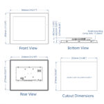 Technische Zeichnung des cMT2158X mit 366 × 293 mm und einem Schalttafelausschnitt von 352 × 279 mm