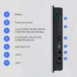 Rückseitige Anschlüsse des cMT3072XH2 mit RS-485, RS-232, CAN-Bus, zwei Ethernet-Ports und Batteriefach