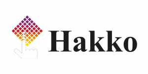 Hakko-Logo mit farbiger Pixel-Raute und Finger-Symbol neben der schwarzen Wortmarke.