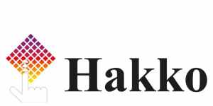 Hakko-Logo mit farbiger Pixel-Raute und Finger-Symbol neben der schwarzen Wortmarke.