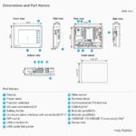 Technische Zeichnung des Hakko TS2060 & TS2060i HMI Touchpanels mit Abmessungen, Panelausschnitt und Anschlussdetails.