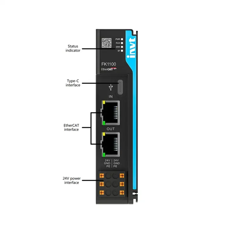 Das Bild zeigt den FK1100 EtherCAT-Koppler von INVT mit zwei RJ45-Buchsen, USB-C-Service-Port, Status-LEDs und Klemmen für die 24 VDC-Einspeisung.