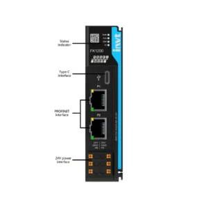 Das Foto zeigt den FK1200 PROFINET-Koppler von INVT mit zwei RJ45-Ports (P1/P2), einem USB-C-Anschluss für Service-Aufgaben und den Klemmen für 24 VDC.