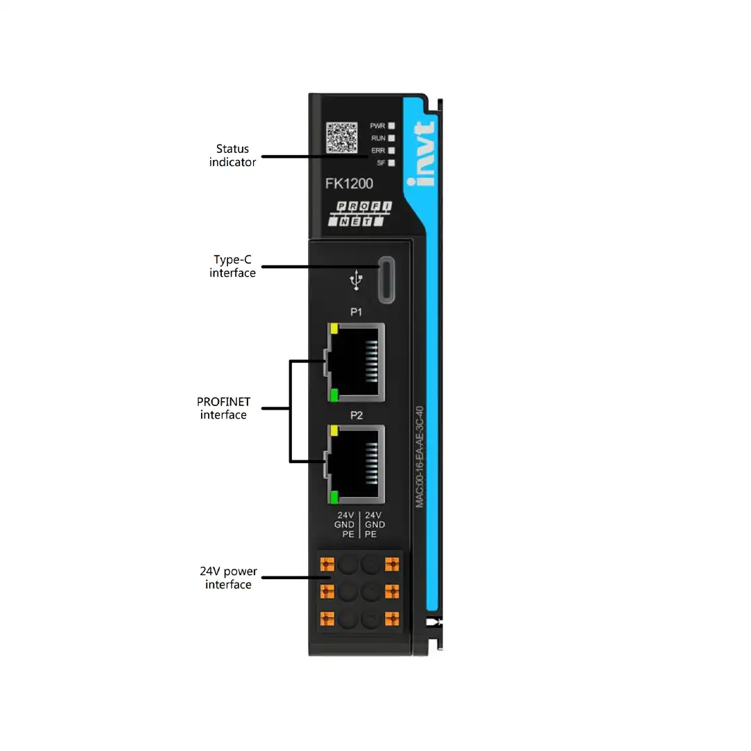 FK1200 PROFINET-Koppler von INVT Das Foto zeigt den FK1200 PROFINET-Koppler von INVT mit zwei RJ45-Ports (P1/P2), einem USB-C-Anschluss für Service-Aufgaben und den Klemmen für 24 VDC.