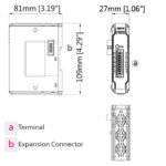 Technische Zeichnung des Weintek iR-AI04-TR mit den Maßen 27 mm Breite, 109 mm Höhe und 81 mm Tiefe sowie Positionsangaben für Terminal und Expansion Connector.