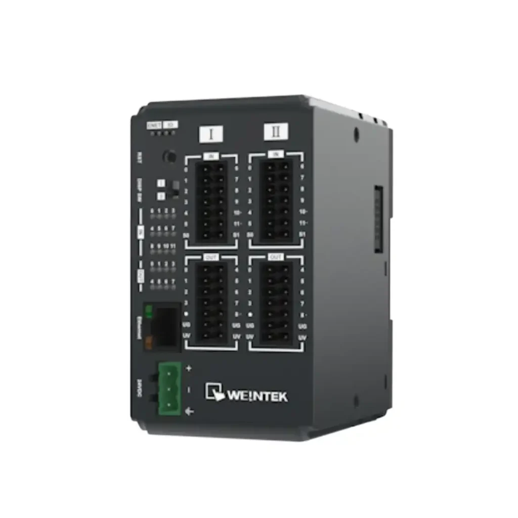 Das Foto zeigt die isometrische Ansicht des Weintek iR-ETN40P EtherNet I/O Moduls mit sichtbaren Ein- und Ausgangsklemmen sowie Status-LEDs.