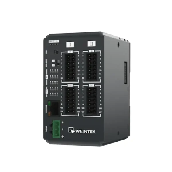 Das Foto zeigt die isometrische Ansicht des Weintek iR-ETN40P EtherNet I/O Moduls mit sichtbaren Ein- und Ausgangsklemmen sowie Status-LEDs.