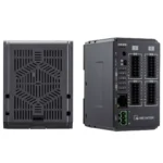 Das Foto zeigt das Weintek iR-ETN40P EtherNet I/O Modul, links mit sichtbaren Kühlrippen von oben und rechts in einer Seitenansicht mit Ethernet-Port.