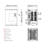 Technische Zeichnung des Weintek iR-ETN40P mit 64 mm Breite, 109 mm Höhe und 81 mm Tiefe, inkl. Bezeichnung der Anschlüsse.