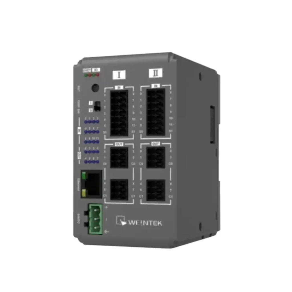 Vorderansicht des Weintek iR-ETN40R EtherNet I/O Moduls mit sichtbaren Eingangs- und Ausgangsklemmen sowie Status-LEDs.