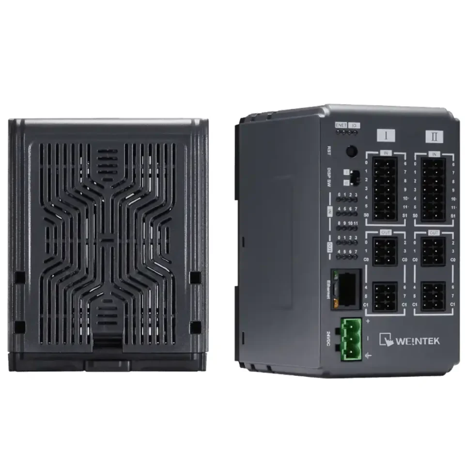 Drauf- und Seitenansicht des iR-ETN40R Weintek EtherNet I/O Moduls mit Belüftungsöffnungen und Ethernet-Anschluss.