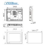 Das Foto zeigt eine technische Maßzeichnung des MONITOUCH V1008iSD HMI-Panels mit genauen Abmessungen.