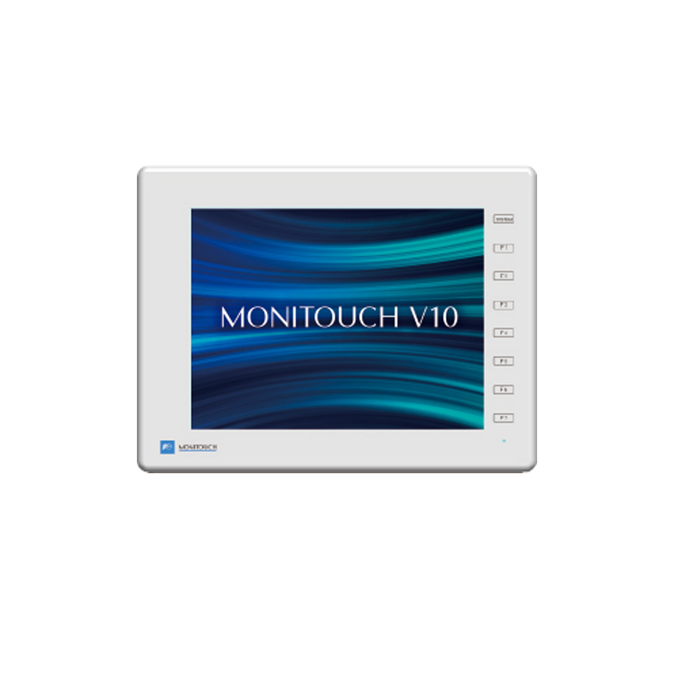 MONITOUCH V1008iSD lichtgrau Frontansicht Das Foto zeigt die Frontansicht eines lichtgrauen MONITOUCH V1008iSD 8,4 Zoll HMI-Touchpanels mit Display und Funktionstasten.