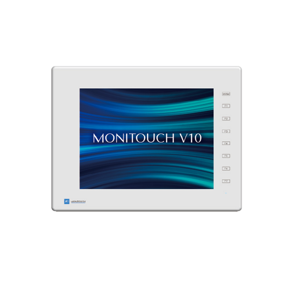 MONITOUCH V1010iSD lichtgrau Frontansicht Das Foto zeigt die Frontansicht eines lichtgrauen MONITOUCH V1010iSD 10,4 Zoll HMI-Touchpanels mit Display und Funktionstasten.