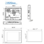 Das Foto zeigt eine technische Maßzeichnung des MONITOUCH V1010iSD HMI-Panels mit genauen Abmessungen.