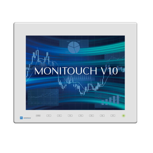 Das Foto zeigt die Frontansicht eines lichtgrauen MONITOUCH V1015iSD 15 Zoll HMI-Touchpanels mit Display und Funktionstasten.