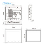 Das Foto zeigt eine technische Maßzeichnung des MONITOUCH V1015iSD HMI-Panels mit genauen Abmessungen.