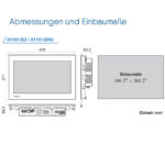 Darstellung der Vorder-, Seiten- und Rückansicht des Hakko MONITOUCH X1151iSD/X1151iSRD mit detaillierten Abmessungen und Einbaumaßen.