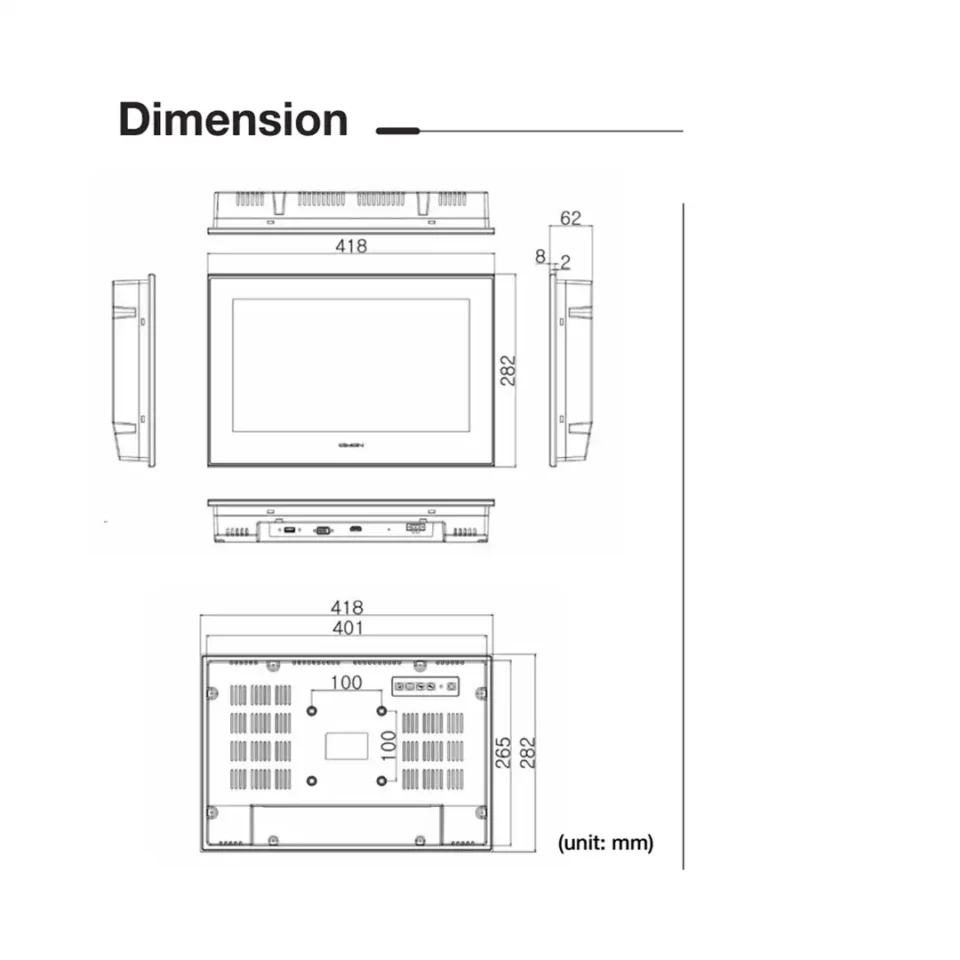 Das Foto zeigt die technischen Maße und Ansichten des industriellen Touchscreen-Monitors Cimon CM-iM15W-D von vorne, seitlich und von hinten.