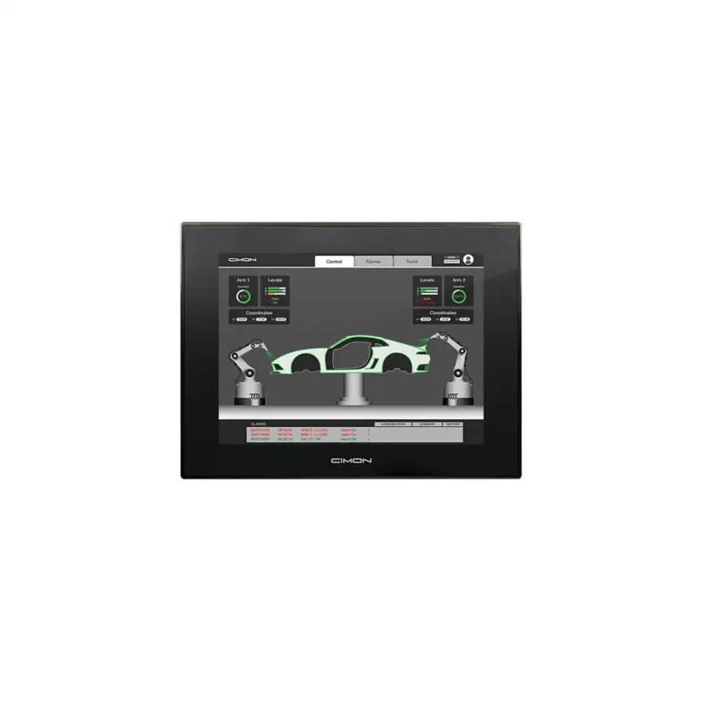 Cimon CM-iNP510-A Panel-PC mit 10,4-Zoll-Display und HMI-Visualisierung einer Roboterzelle