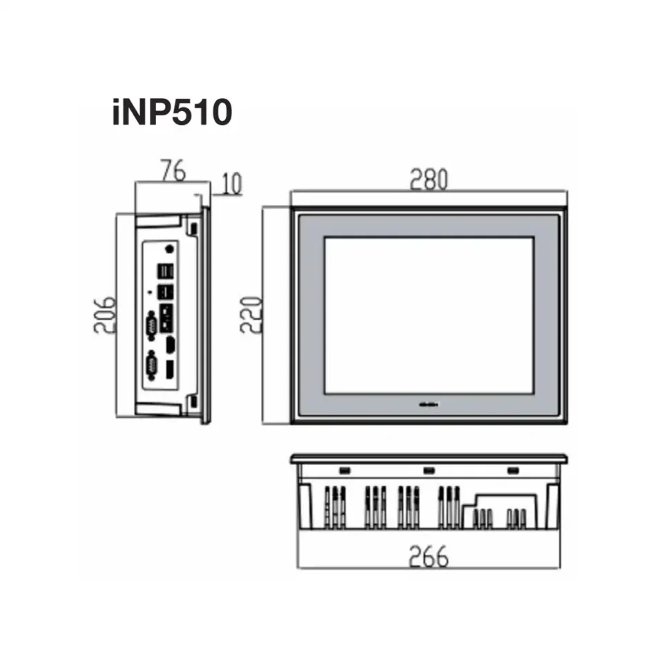 Technische Zeichnung des Panel-PCs CM-iNP510-A mit Front-, Seiten- und Unteransicht in mm