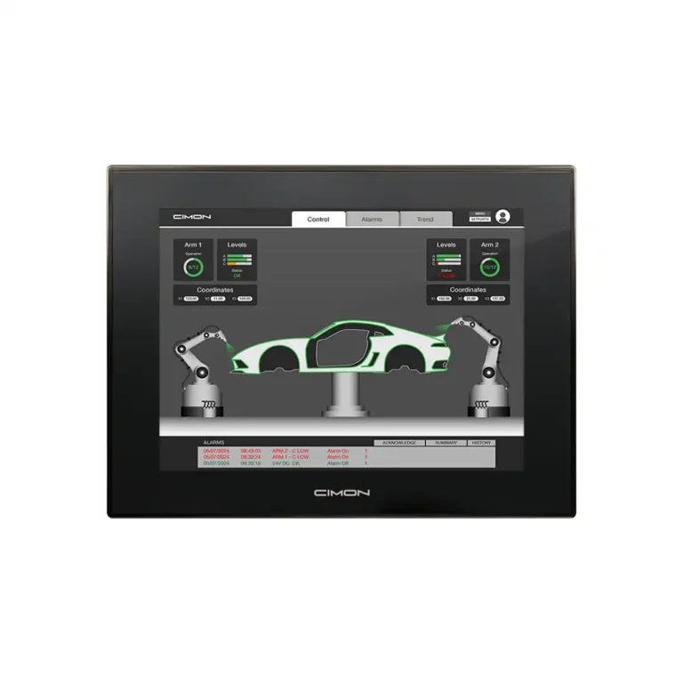 Industrie Panel-PC Cimon CM-iNP515-A mit 15-Zoll-Touchscreen und Visualisierung eines Produktionsprozesses