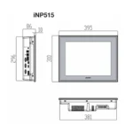 Front-, Seiten- und Unteransicht des 15-Zoll Panel-PCs CM-iNP515-A mit Maßen in Millimeter
