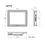 Maßzeichnung des Cimon Panel-PCs CM-iNP519-A mit 19-Zoll-Display und Seiten-/Unteransicht
