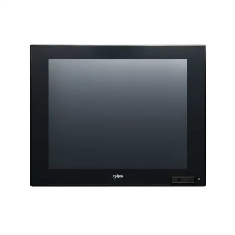 Vorderansicht des Cimon CM-iNP5619-A Industrie Panel-PC mit schwarzer Glasfront und 19-Zoll-Touchscreen
