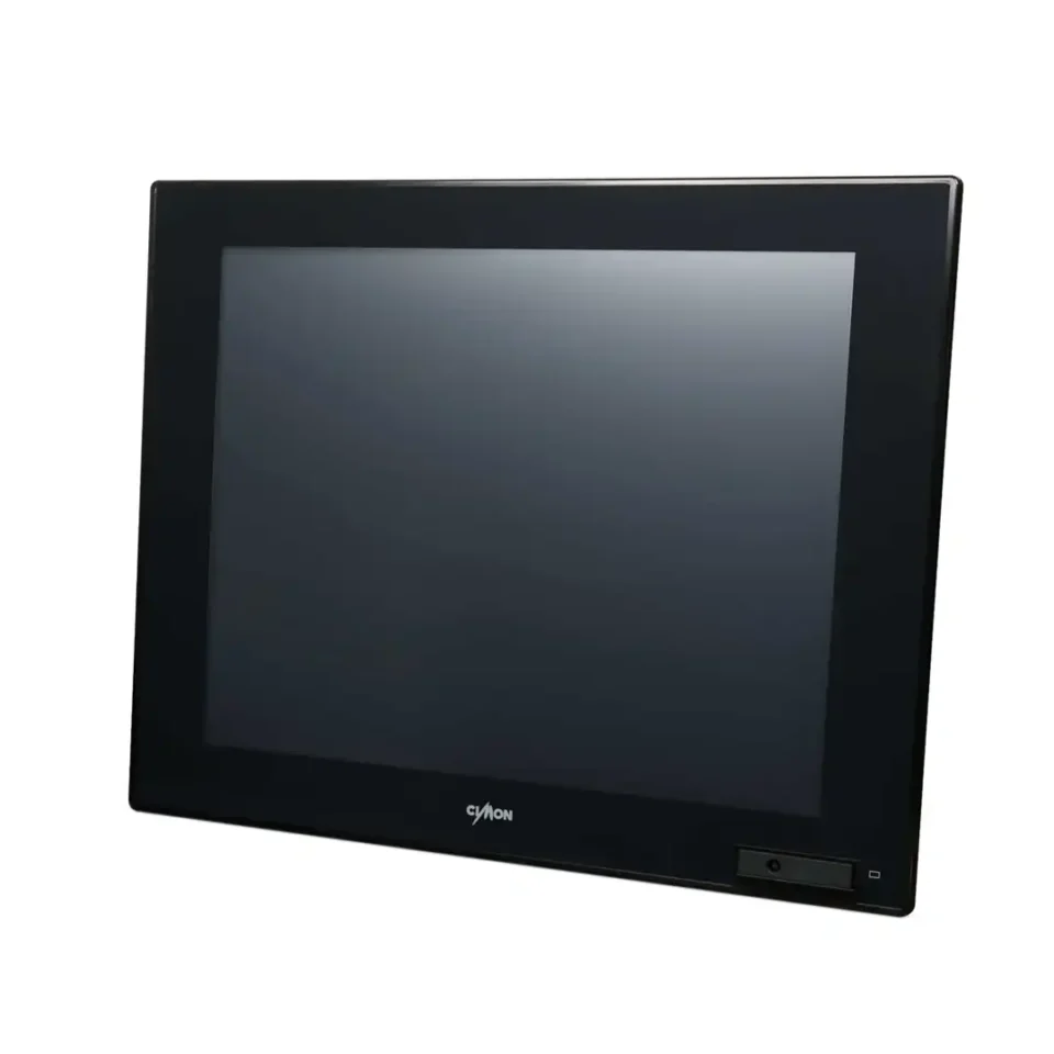 Cimon Industrie Panel-PC CM-iNP5619-A in schräger Frontansicht mit Sicht auf Display und Aluminiumrahmen