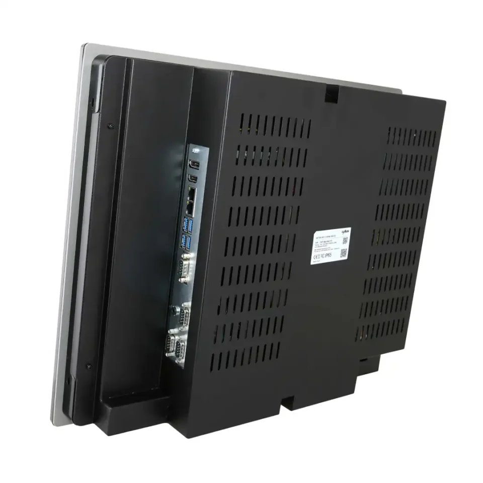 Rückseite des CM-iNP5619-A mit sichtbaren Schnittstellen wie RS232, USB 3.0, HDMI, LAN und DC-Eingang