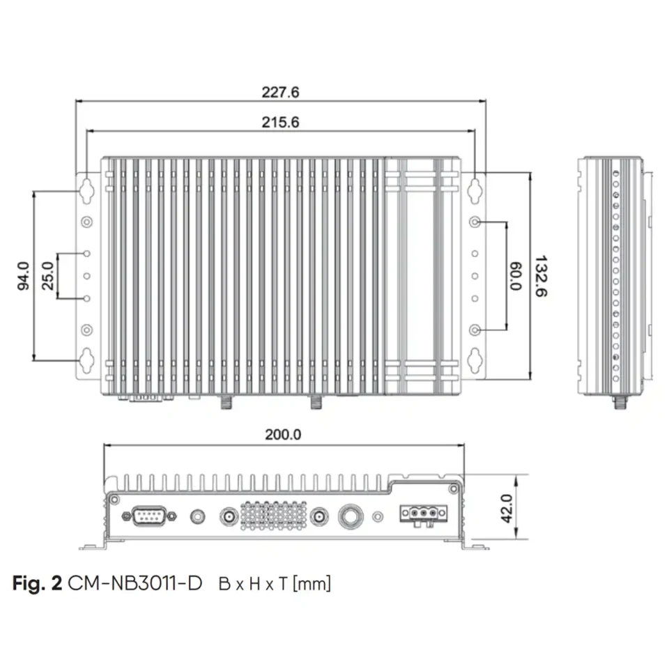 Technische Zeichnung des CIMON CM-NB3011-D Industrie Box-PCs mit Gehäusemaßen