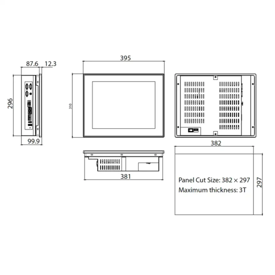 Maße und Einbauskizze des Cimon CM-NP3615-A Panel-PCs