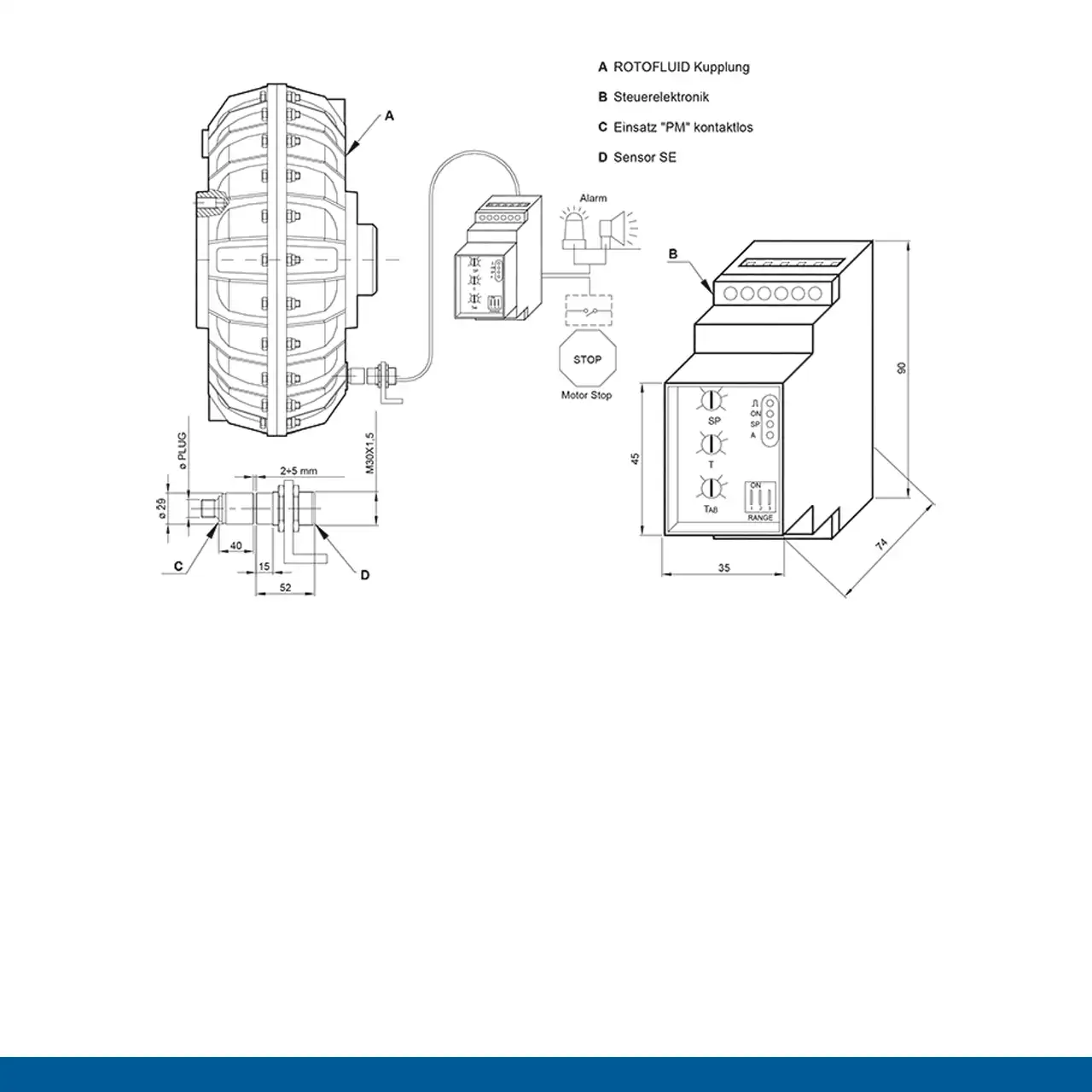 Technische Zeichnung der LOGICA T09 Steuerung für Flüssigkeitskupplungen