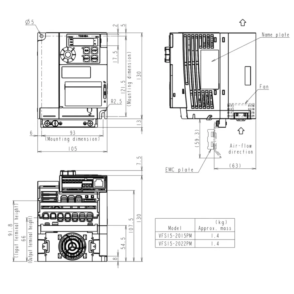 Technische Zeichnung des TOSHIBA Frequenzumrichters VFS15S-2022PM mit Maßangaben und Montageinformationen.