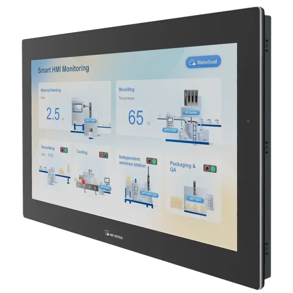 Weintek cMT3218XP HMI – 21,5" Touchpanel mit IP66-Front und Full-HD Weintek cMT3218XP Touchpanel mit kapazitivem 21,5-Zoll-Full-HD-Display und Aluminiumgehäuse, IP66-Front.