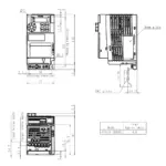 Technische Zeichnung des TOSHIBA Frequenzumrichters VFS15S-2002PL mit Maßangaben und Montageinformationen.
