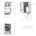 Technische Zeichnung des TOSHIBA Frequenzumrichters VFS15S-2004PL mit Maßangaben und Montageinformationen.